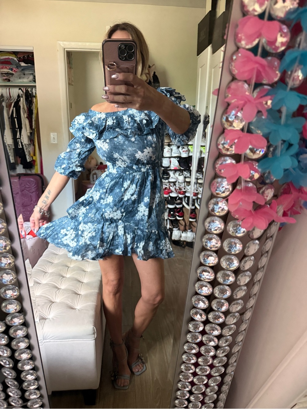 Michael Kors Blue Floral Off-Shoulder Ruffle Mini Dress